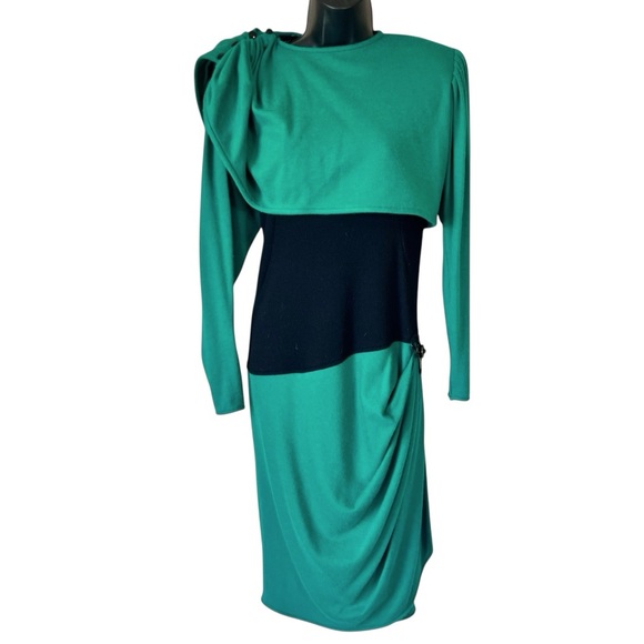Vintage Emanuel Ungaro Paris Green & Black Wool Couture Dress - Picture 1 of 16